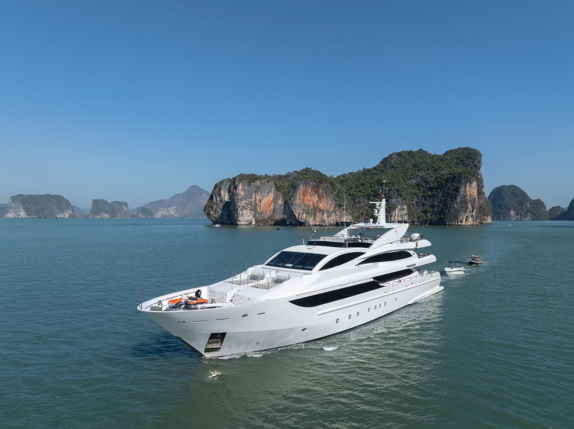 Superyacht charter anchored among the limestone karsts of Phang Nga Bay near Phuket